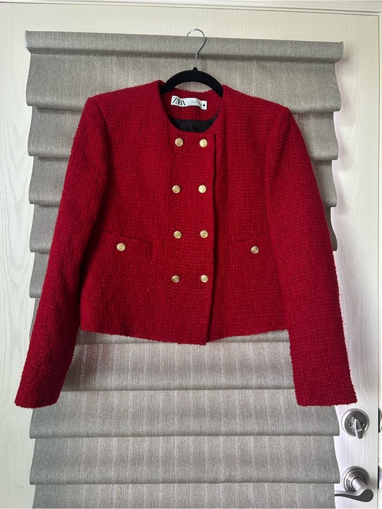 Zara Jackets & Blazers - Zara Red Tweed Double-Breasted Blazer with Gold Buttons